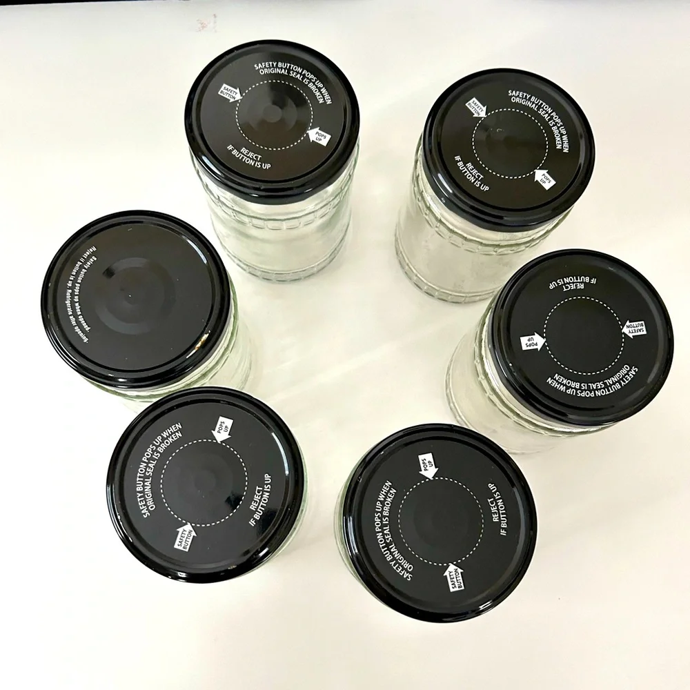 Lot of 6 Glass Jars +Black Metal Lid for Canning Crafts Storage